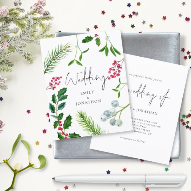 Budget Foliage Script Christmas Wedding Invitation (Creator Uploaded)