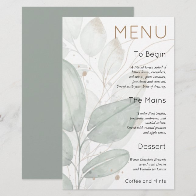 Budget Foliage Watercolor Sage Wedding Menu (Front/Back)