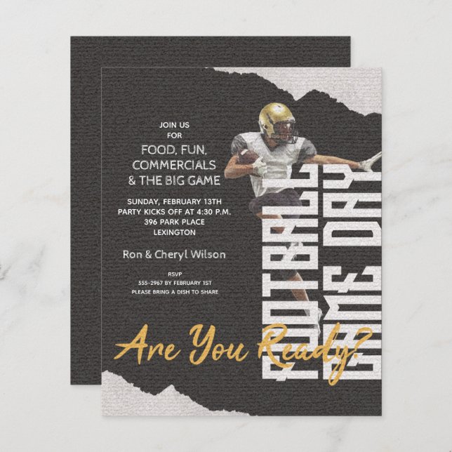 Budget Football Player Game Day Black Invites (Front/Back)