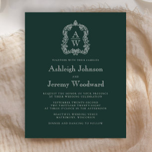 Budget Forest Green Monogram Crest Wedding Invite