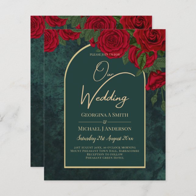BUDGET ForestGreen RED Roses Winter Wedding INVITE (Front/Back)