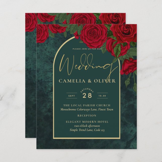 BUDGET ForestGreen RED Roses Winter Wedding INVITE (Front/Back)