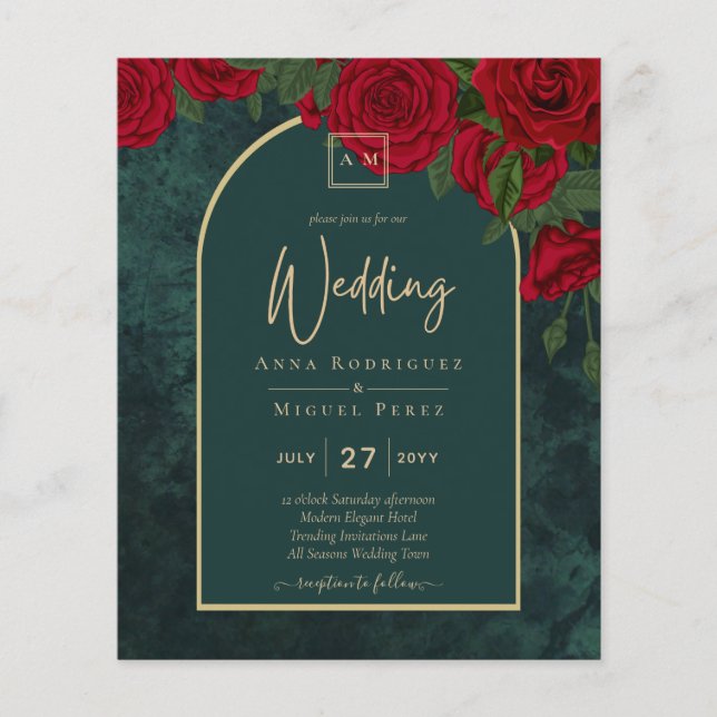 BUDGET ForestGreen RED Roses Winter Wedding INVITE Flyer (Front)