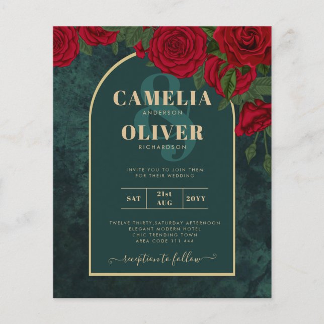 BUDGET ForestGreen RED Roses Winter Wedding INVITE Flyer (Front)