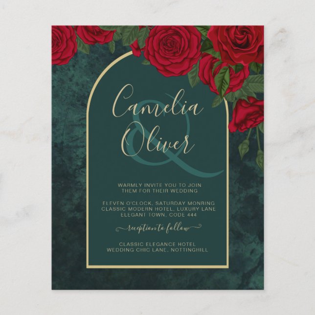 BUDGET ForestGreen RED Roses Winter Wedding INVITE Flyer (Front)