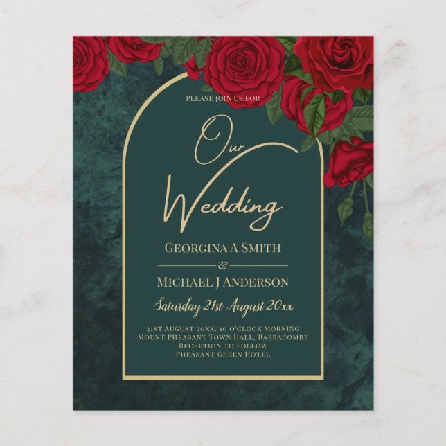 BUDGET ForestGreen RED Roses Winter Wedding INVITE Flyer (Front)