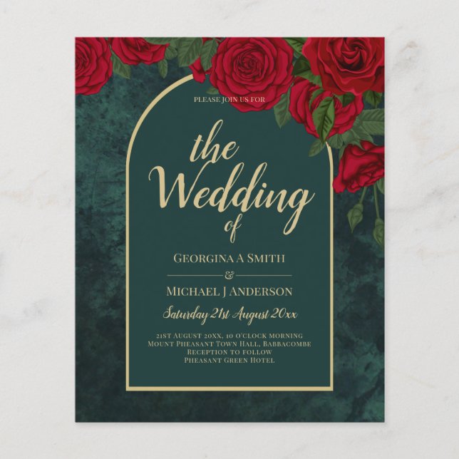 BUDGET ForestGreen RED Roses Winter Wedding INVITE Flyer (Front)
