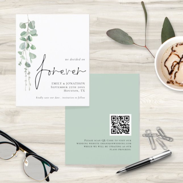 Budget Forever QR Code Eucalyptus Save Date (front and back view)