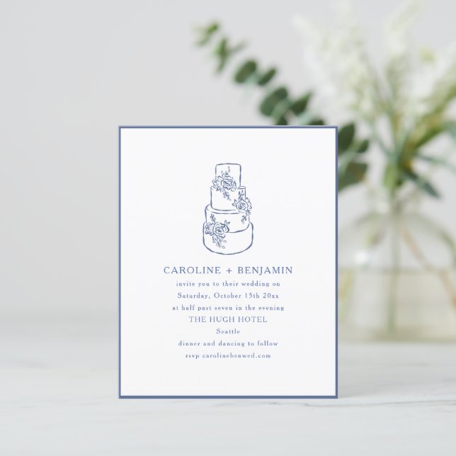 Budget French Blue Doodle Wedding Cake Invitation (Standing Front)