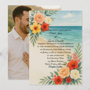 Budget Friendly Floral Beach Photo Wedding Invite