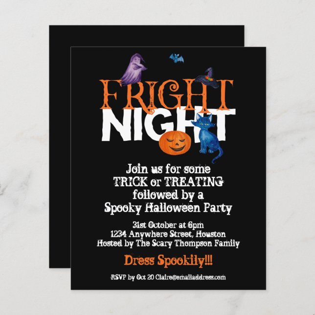 Budget Fright Night Halloween Party Black Invite (Front/Back)