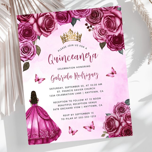 Budget Fuchsia Pink Floral Quinceañera Invite (Creator Uploaded)