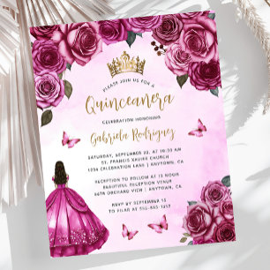 Budget Fuchsia Pink Gold Floral Quinceañera Invite