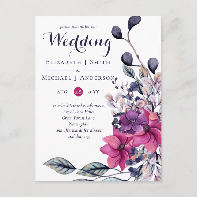 BUDGET Fuchsia Purple Pink Wedding Invites Postcard (Front)