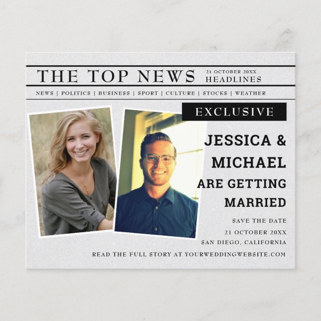 Budget Fun Newspaper Headline Photo Save The Date (Front)