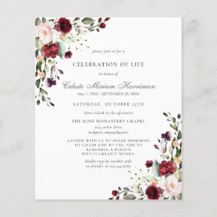 Budget Funeral Burgundy Red Rose Floral Invitation