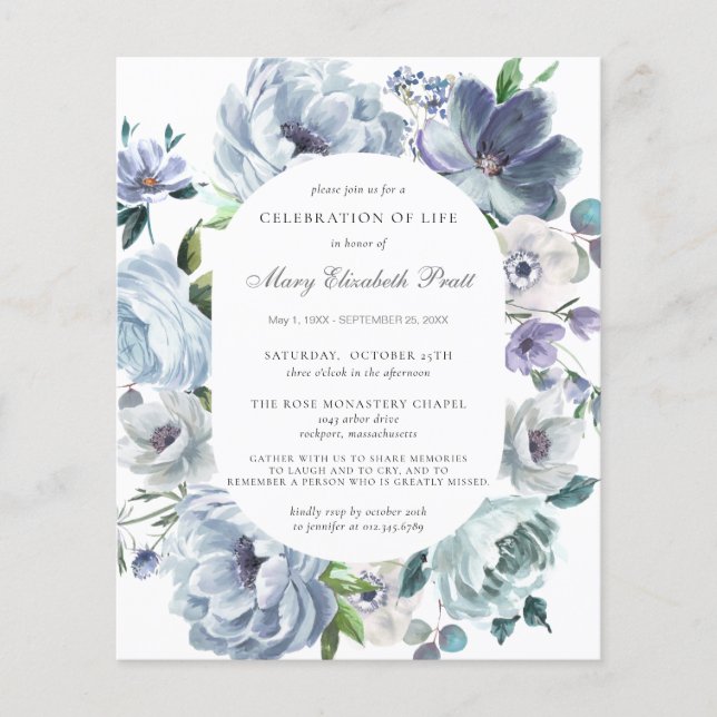 Budget Funeral Dusty Blue Floral Invitation (Front)