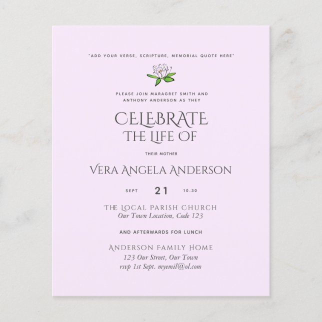 BUDGET Funeral Memorial INVITE Celebration of Life (Front)