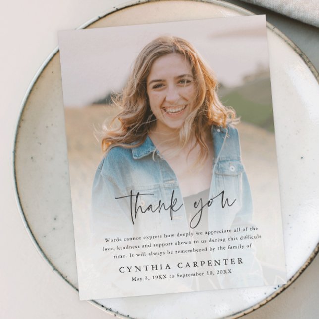 Budget Funeral Memorial Photo Thank You Card (Modern script simple budget photo memorial thank you card.)
