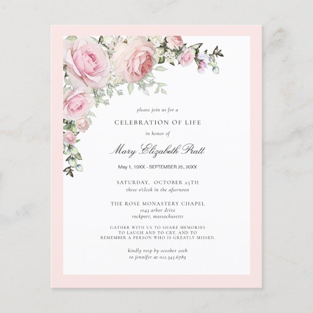 Budget Funeral Pink Floral Invitation (Front)