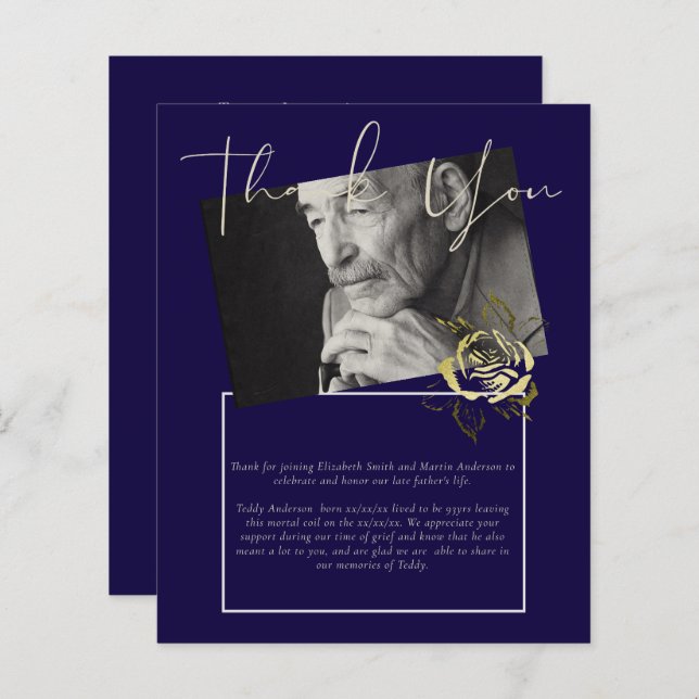 BUDGET Funeral Thank You Photo Navy Blue Gold (Front/Back)