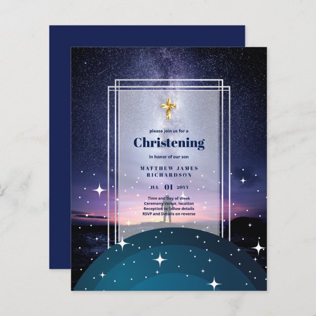 BUDGET Galaxy CHRISTENING Invites Baptism Bautizo (Front/Back)