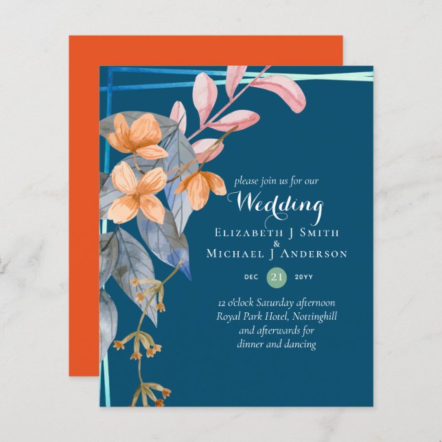 BUDGET Garden Leaves Fall Wedding Invites Teal (Front/Back)