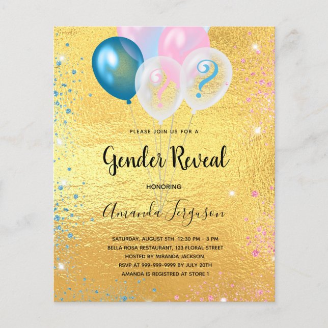 Budget gender reveal baby shower gold invitation (Front)