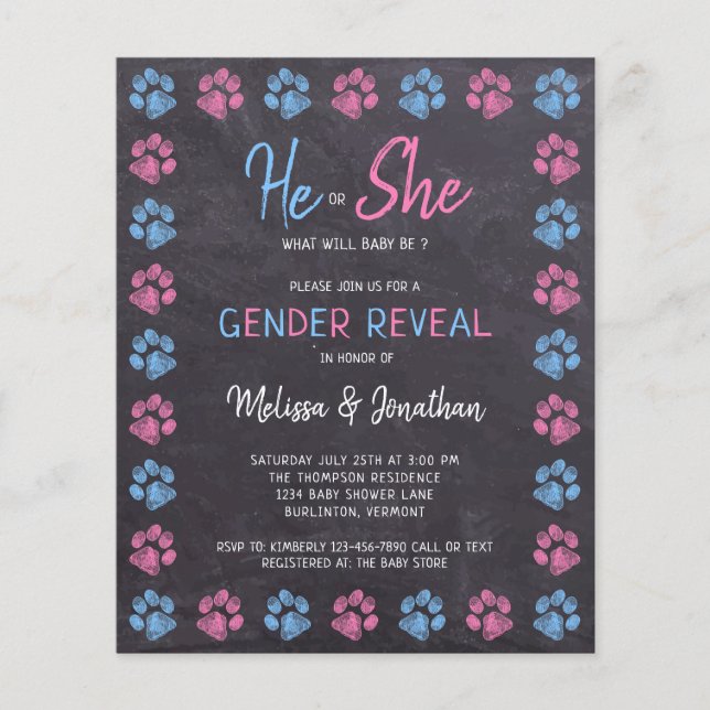 Budget Gender Reveal Paw Prints Blue Pink (Front)