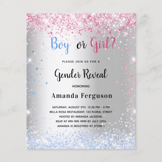 Budget gender reveal pink blue silve glitter (Front)