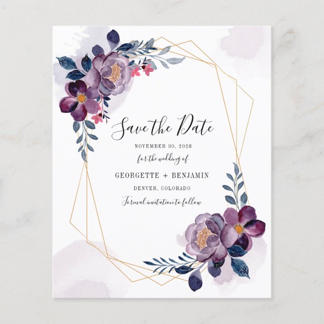 Budget Geometric Frame Purple Floral Save The Date (Front)
