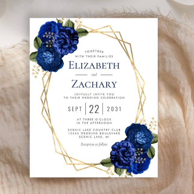 Budget Geometric Royal Blue Floral Wedding Invite (Creator Uploaded)