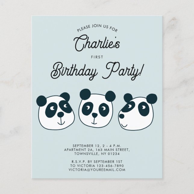Budget Giant Panda Bear First Birthday Invitation (Front)