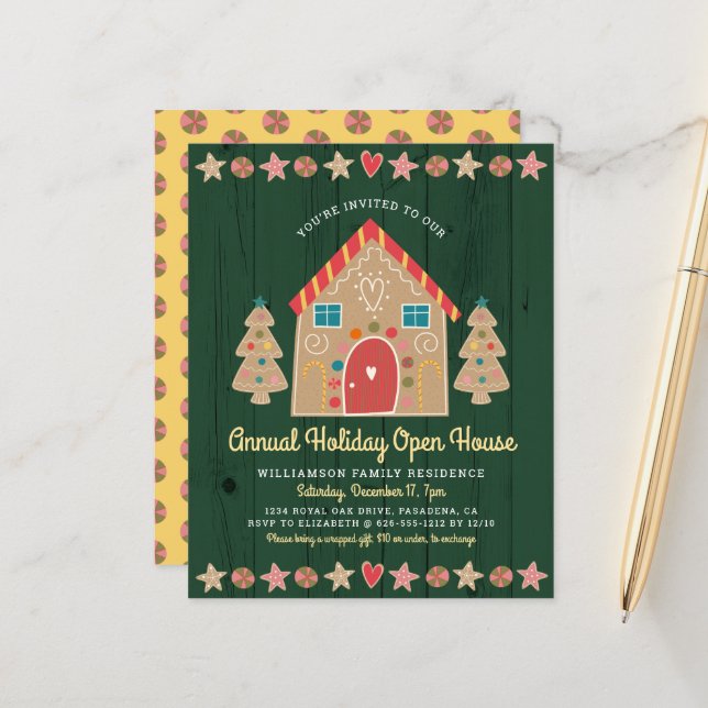 Budget Gingerbread Open House Green Rustic Invite (Front/Back In Situ)