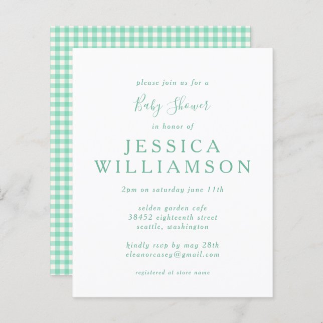 Budget Gingham Plaid in Mint Green Baby Shower (Front/Back)