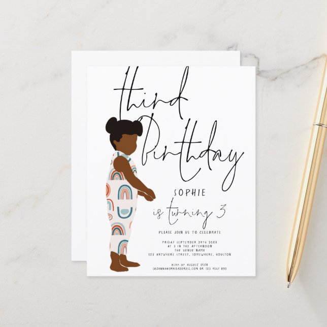 Budget Girl Dark Hair 3rd birthday invitation (Front/Back In Situ)