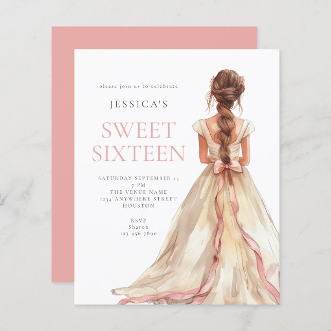 Budget Girl in Pink Bow Gown Sweet 16 invite (Front/Back)