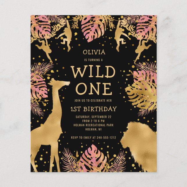 Budget Girls 1st Birthday Pink Black Safari Invite (Front)