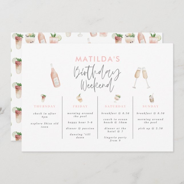 Budget girly elegant birthday weekend itinerary invitation (Front/Back)
