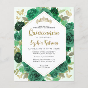 Budget Girly Emerald Green Floral Gold Quinceañera