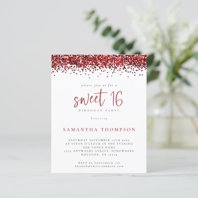 Budget Girly Red Glitter Sweet 16 Invitation (Standing Front)