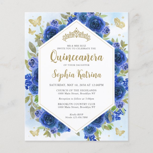 Budget Girly Royal Blue Floral Gold Quinceañera (Front)