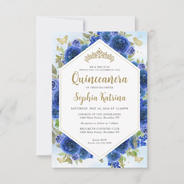 Budget Girly Royal Blue Floral Gold Quinceañera Card (Front)
