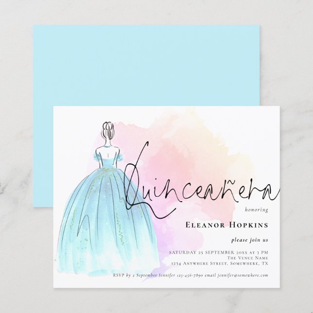 Budget Glam Dress Blue Quinceanera Invitation (Front/Back)