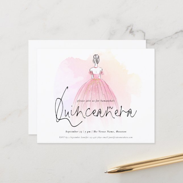 Budget Glam Dress Elegant Quinceanera Invitation (Front/Back In Situ)