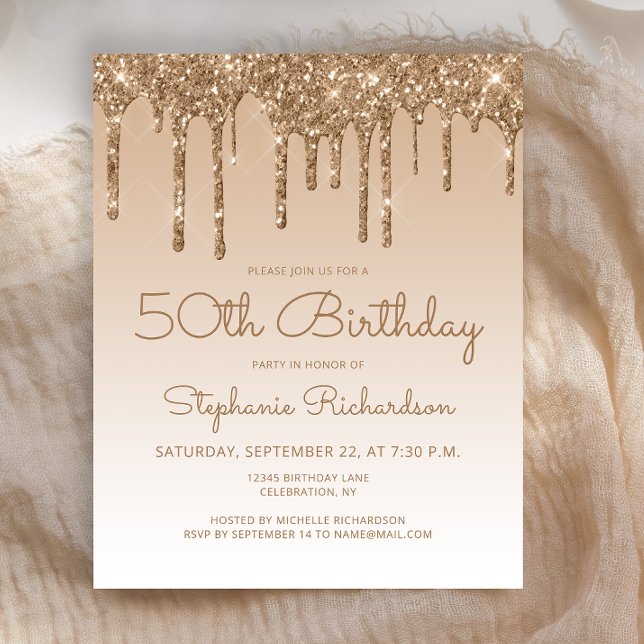 Budget Glam Gold Glitter 50th Birthday Invitation (Creator Uploaded)
