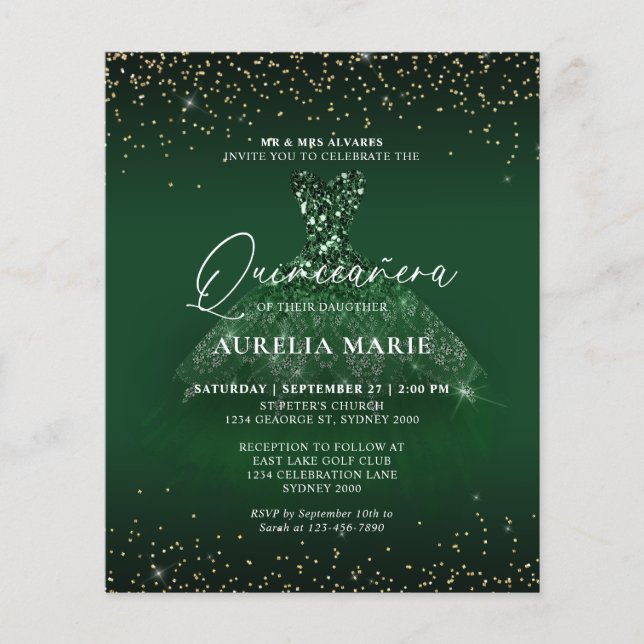 BUDGET Glam Gold Green Princess Dress Quinceanera (Front)