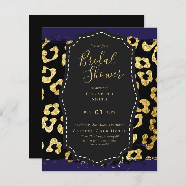 Budget Glam Gold Navy Bridal Shower Invite Animal (Front/Back)