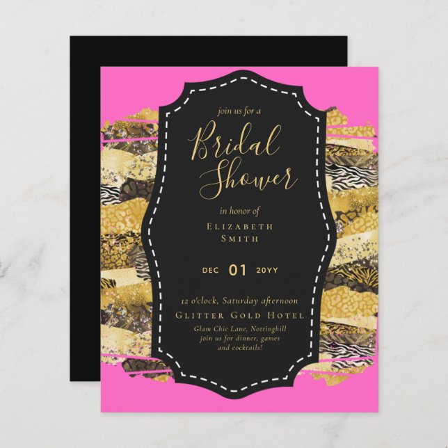 Budget Glam Gold Pink Bridal Shower Invite Animal (Front/Back)