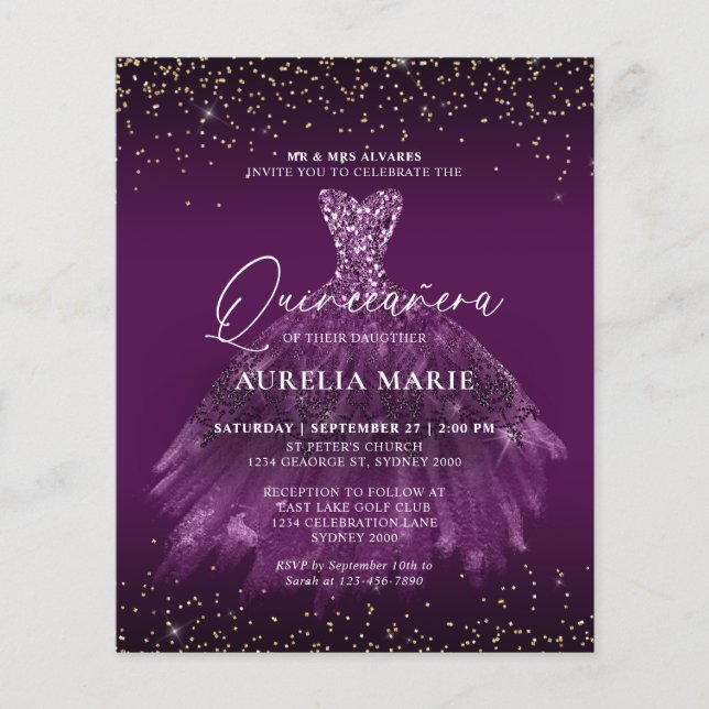 Budget Glam Gold Purple Princess Dress Quinceanera (Front)